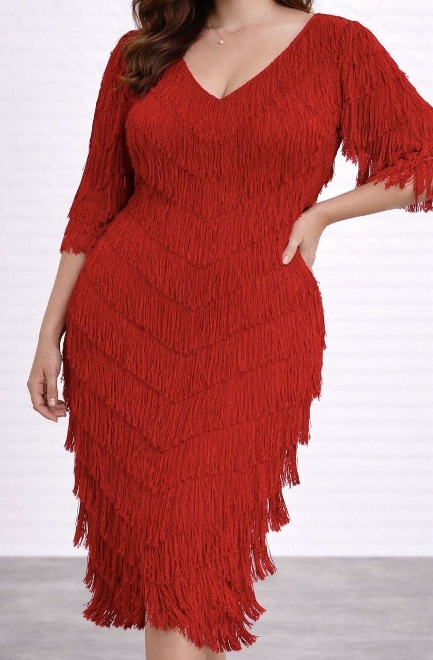80’s Vintage Nightworks Fringe Flapper Great Gatsby Style Fire Red Dress NWT 22W